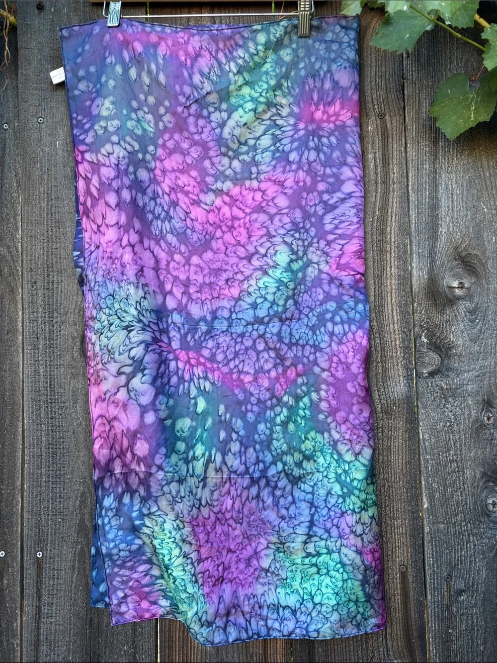100% Silk Hand Dyed Art to Wear Sheer Neck Scarf Purple Turquoise & Navy Soft!